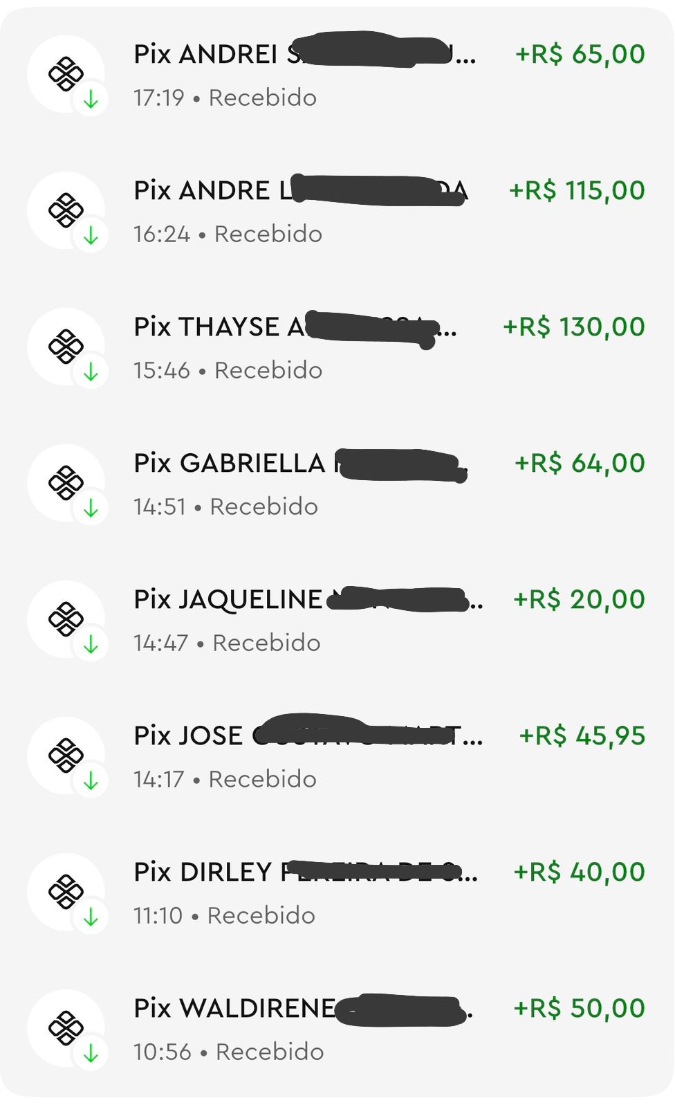 Extrato com 8 Pix recebidos no mesmo dia, valores entre R$ 20 e R$ 130