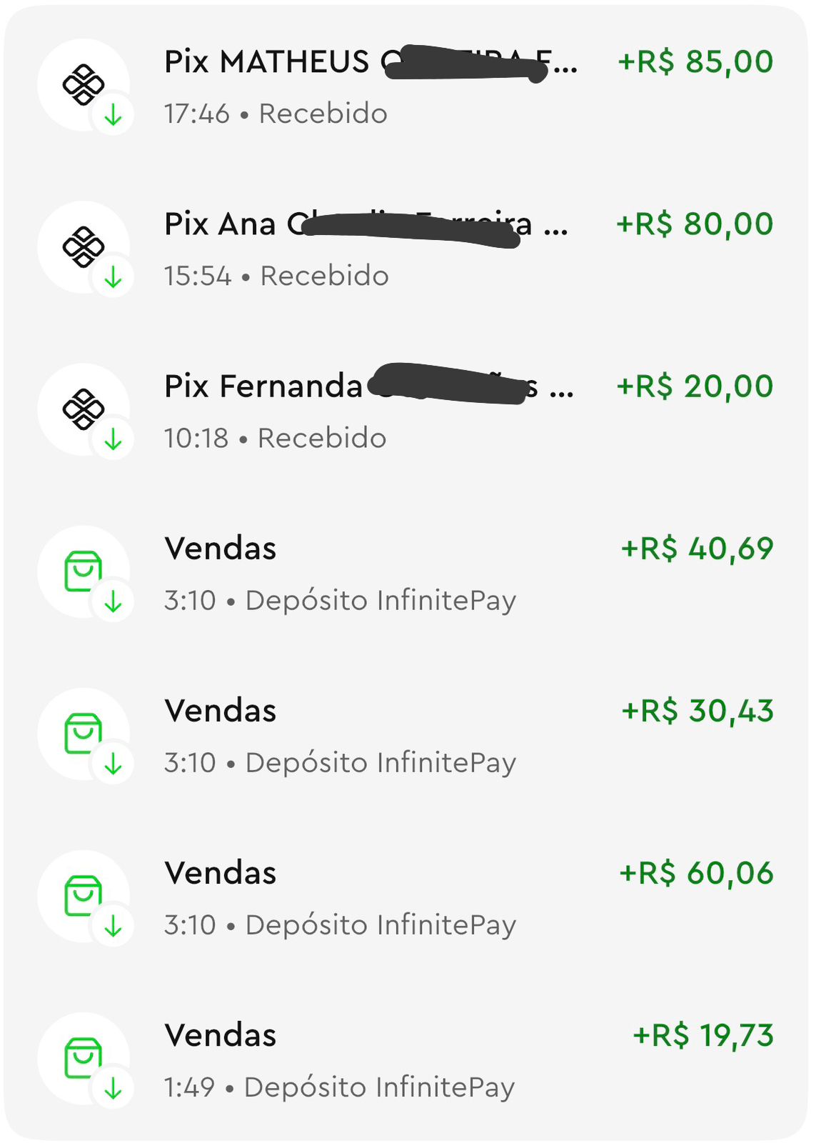 Extrato combinando Pix recebidos e depósitos InfinitePay (máquina de cartão) no mesmo dia