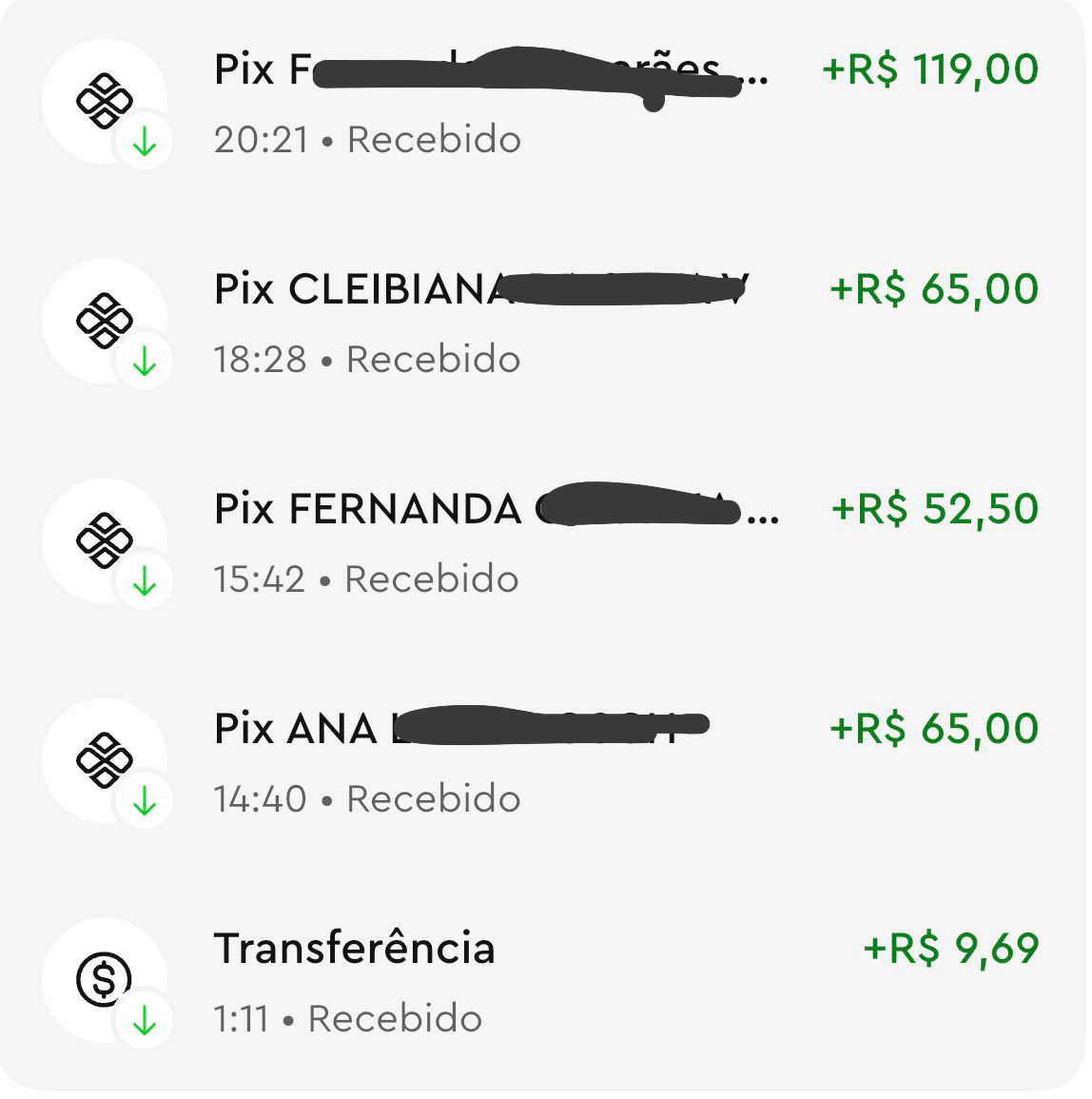 Extrato com 4 Pix e 1 transferência recebidos ao longo do dia, valores entre R$ 9,69 e R$ 119