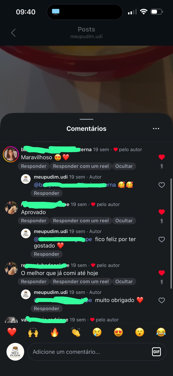 Vários comentários no feed: 'Maravilhoso 😍', 'Aprovado', 'O melhor que já comi até hoje'