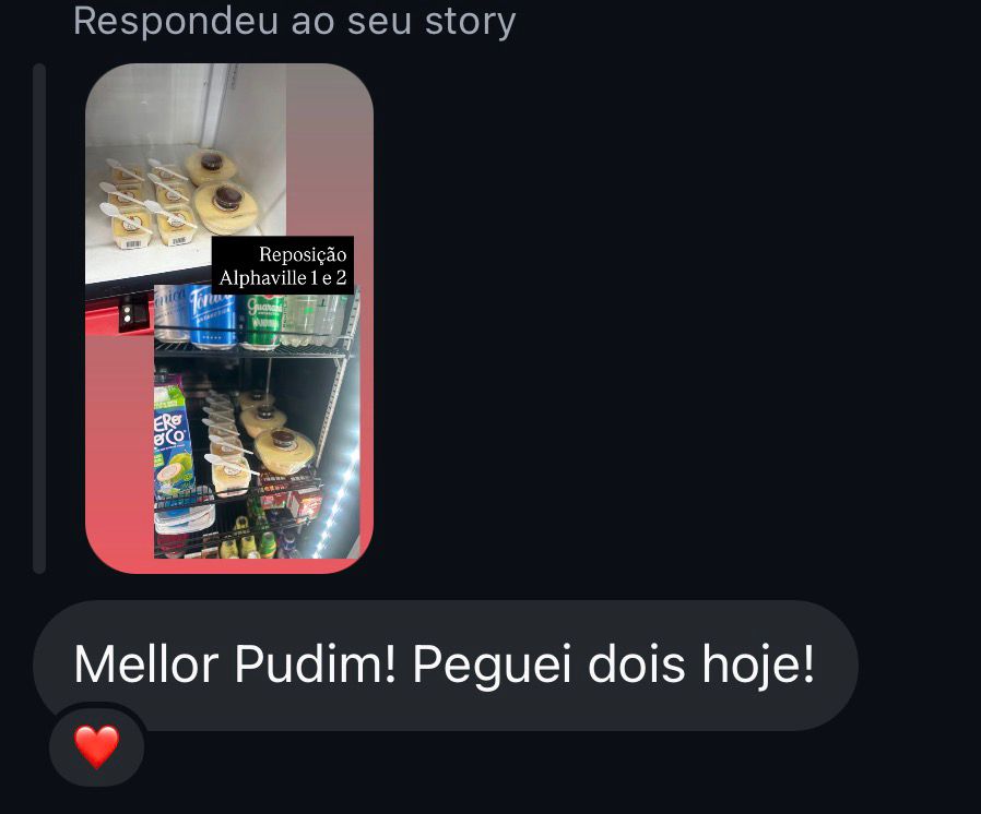 DM com foto do mercadinho: 'Mellor Pudim! Peguei dois hoje!' (cliente comprando no Alphaville)